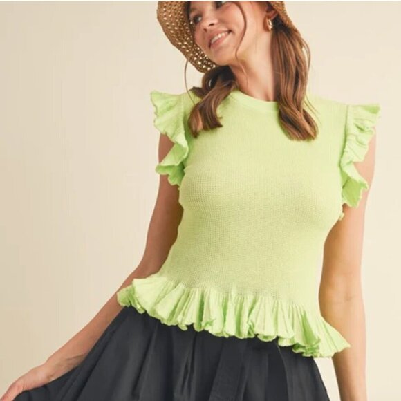 Merci Bede Flutter Top Lime Green Ruffle Peplum Knit Sweater Top Size: Large - Picture 1 of 10